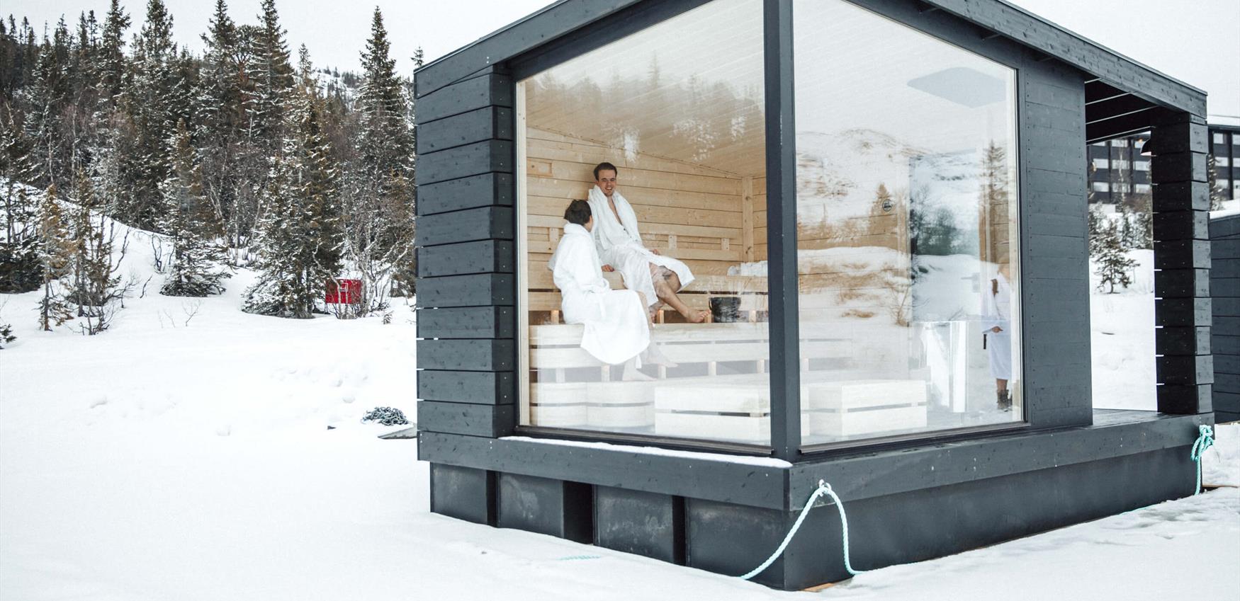 Flytende badstue par vinter Gausta