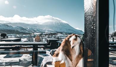 view towards Gaustatoppen from the terrace of Gaustablikk Fjellresort in winter
